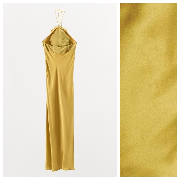 NWT. Zara Olive Green Satin Effect Long Dress with Embossed Flower. Size XS. - Picture 9 of 13